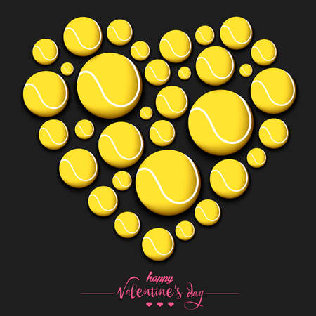 Happy Valentine's Day. Heart made of tennis balls. Design pattern for greeting card, banner, poster, flyer, invitation party. Vector illustration on isolated backgroundのイラスト素材