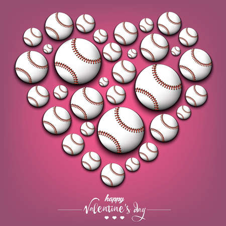 Happy Valentine's Day. Heart made of baseball balls. Design pattern for greeting card, banner, poster, flyer, invitation party. Vector illustration on isolated backgroundのイラスト素材