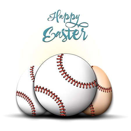 Happy Easter. Baseball ball and easter eggs decorated in the form of a baseball ball. Pattern for greeting card, banner, poster. Vector illustration on isolated backgroundのイラスト素材