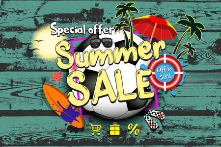 Summer sale soccer theme. special offer. Off to 50 percent. Pattern for design poster, logo, emblem, banner. Vector illustration on isolated backgroundのイラスト素材