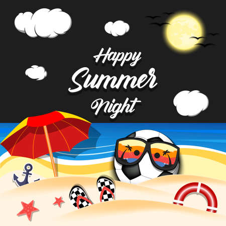 summer soccer poster. Happy summer night. Pattern for design poster, logo, emblem, label, banner, icon. Football template on isolated background. vector illustrationのイラスト素材