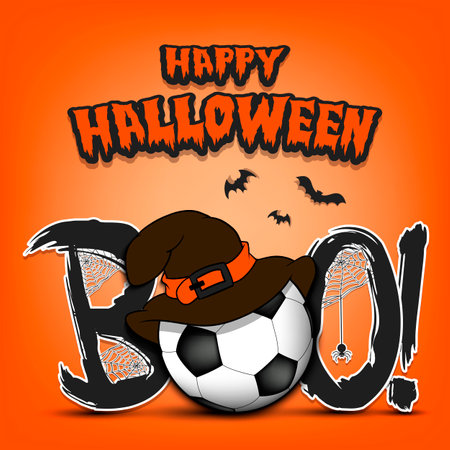 Happy Halloween. Banner Boo and Soccer ball with witch hat. Design pattern for banner, poster, greeting card, flyer, party invitation. Vector illustration on an isolated backgroundのイラスト素材