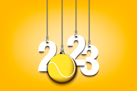 Numbers 2023 and tennis ball as a Christmas decorations are hanging on strings. New Year 2023 are hang on cords. Template design for greeting card. Vector illustration on isolated backgroundのイラスト素材