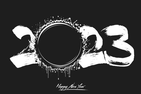Numbers 2023 and a abstract hockey puck made of blots in grunge style. Design text logo Happy New...
