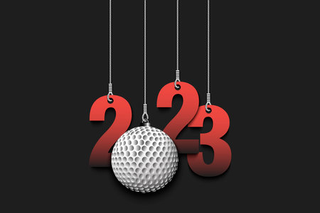 Numbers 2023 and golf balls as a Christmas decorations are hanging on strings. New Year 2023 are...