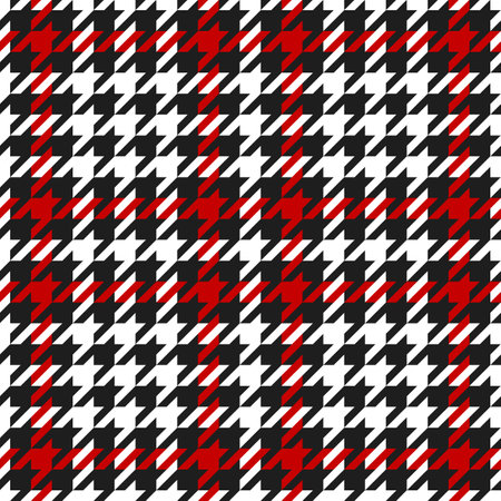 goosefoot. Pattern of crow's feet in black, red, white cage. Glenplaid. Houndstooth tartan tweed....