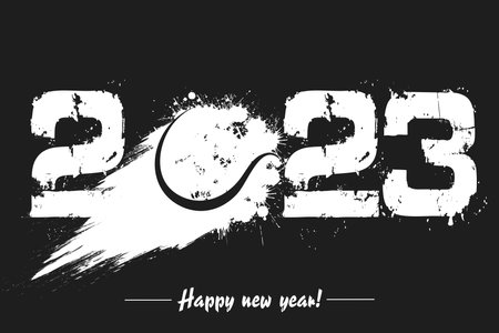 Numbers 2023 and flying abstract tennis ball made from blots with by milky way in grunge style....
