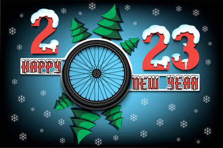 happy new year. 2023 with wheel bike and Christmas trees. Snowy numbers and letters. Original template design for greeting card, banner, poster. Vector illustration on isolated backgroundのイラスト素材