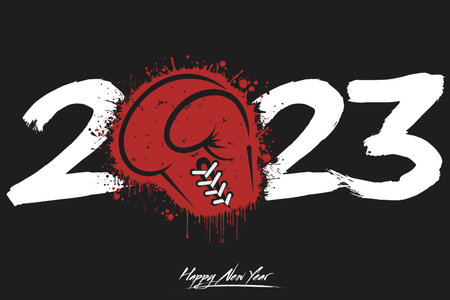 Numbers 2023 and a abstract boxing glove made of blots in grunge style. Design text Happy New Year 2023. Template for greeting card, banner, poster. Vector illustration on isolated backgroundのイラスト素材