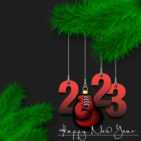 Happy New Year. Numbers 2023 and boxing glove as a Christmas decorations hanging on a Christmas tree branch. Design pattern for greeting card, banner, poster, flyer, invitation. vector illustrationのイラスト素材