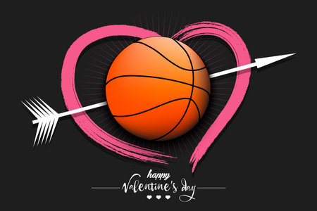 Happy Valentine's Day. Basketball ball, arrow and heart. Design pattern on the basketball theme for greeting card, logo, emblem, banner, poster, flyer, badges. vector illustrationのイラスト素材