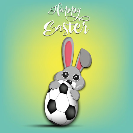 Happy Easter. Rabbit with easter egg decorated in the form of a soccer ball on an isolated background. Pattern for greeting card, banner, poster, invitation. vector illustrationのイラスト素材