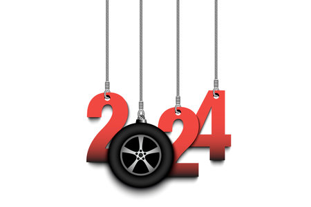 Numbers 2024 and car wheel as a Christmas decorations are hanging on strings. New Year 2024 are hang...