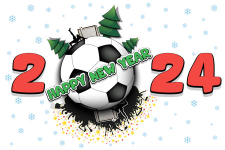 Happy new year. 2024 with soccer ball, Christmas trees, football player and fans. Original template design for greeting card, banner, poster. Vector illustration on isolated backgroundのイラスト素材