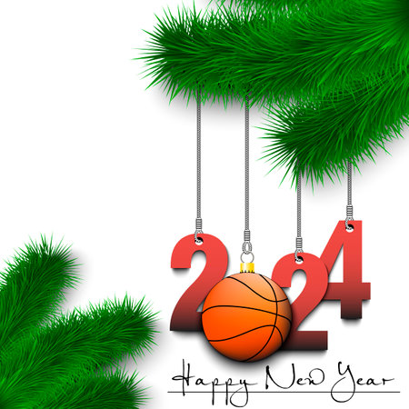 Happy New Year. Numbers 2024 and basketball ball as a Christmas decorations hanging on a Christmas tree branch. Design pattern for greeting card, banner, poster, flyer, invitation. Vector illustrationのイラスト素材