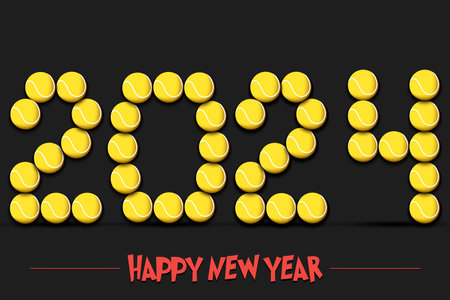 Happy New Year. 2024 numbers made from tennis balls. Design pattern for greeting card, banner, poster, flyer, party invitation, calendar. Vector illustrationのイラスト素材