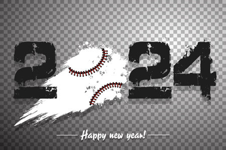 Numbers 2024 and flying abstract baseball ball made from blots with by milky way in grunge style. Happy New Year 2024. Design template for greeting card. Vector illustration on isolated backgroundのイラスト素材