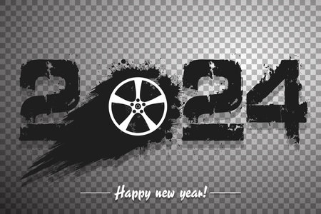 Numbers 2024 and flying abstract wheel car made from blots with by milky way in grunge style. Happy New Year 2024. Design template for greeting card. Vector illustration on isolated backgroundのイラスト素材