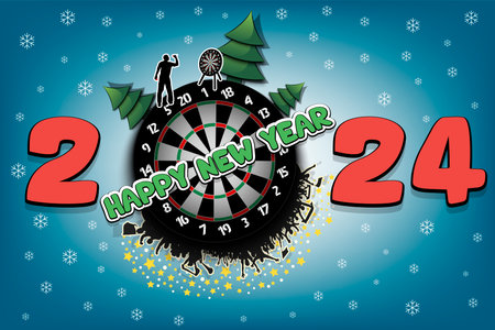 Happy new year. 2024 with dartboard, Christmas trees, darts player and fans. Original template design for greeting card, banner, poster. Vector illustration on isolated backgroundのイラスト素材
