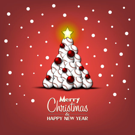 Merry Christmas and Happy New Year. Christmas tree made of baseball balls. Snowflakes on the background. Greeting card design template with for new year. Vector illustrationのイラスト素材