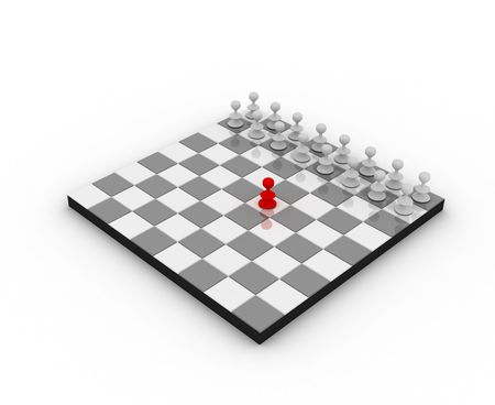 Chess board with pawns. One is the leader.の写真素材