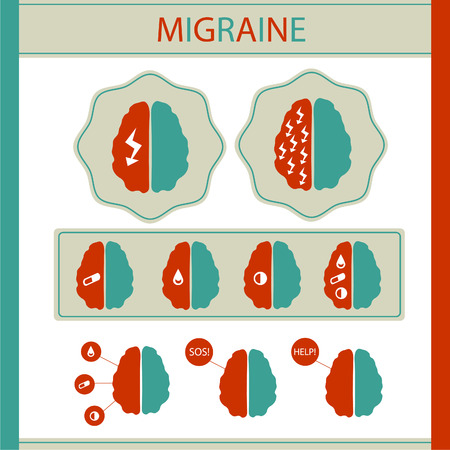Migraine infographic. Illustration of headache and migraine treatmnent.のイラスト素材