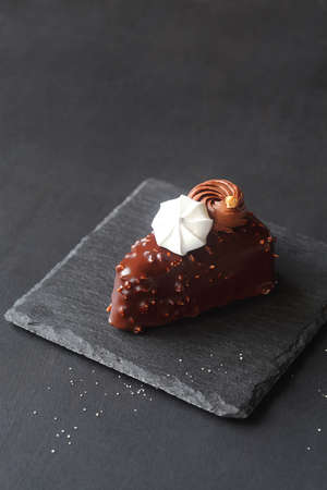Contemporary Triangle Chocolate Vanilla Mousse Cakes, covered in chocolate with chopped almonds,...