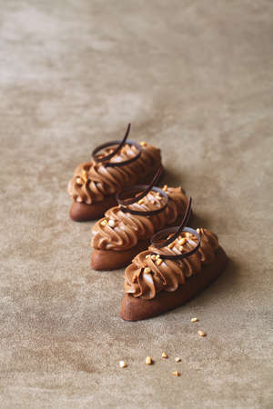 Chocolate Coffee Shortbread Cookies with Peanut Praline and Whipped Chocolate Coffee Cream, garnished with chocolate spirals, on light brown velvet background.の写真素材