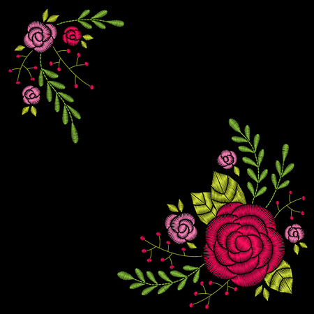 Embroidery corner floral pattern with leaves, roses and berries on black background. Vector fashion ornamentのイラスト素材