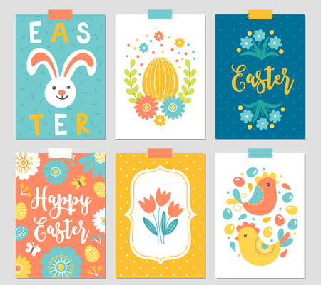 Set of six Easter cards with rabbit, eggs, branches, flowers, hen, tulips and butterflies. Perfect for holiday greetings, prints, placardsのイラスト素材