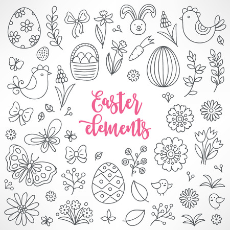 Easter hand drawn design elements. Hen, basket with eggs, carrot, rabbit, chicken, butterfly, flower, berry, branch, tulip. Perfect for coloring book.のイラスト素材