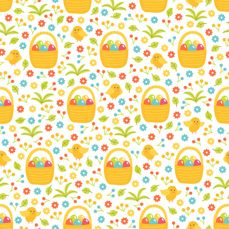 Easter seamless pattern with flowers, grass, chicken and basket with eggs on white background. Perfect for wallpaper, wrapping paper, greeting cards, textile, spring decorationsのイラスト素材