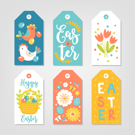Set of Easter Gift Tags with hen, tulips, flowers and eggs in White, Green, Yellow, Blue and White. Perfect for holiday greetingsのイラスト素材