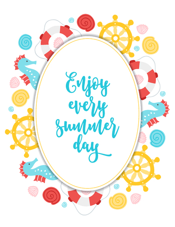 Summer greeting card with sea horse, lifebuoy, shells, boat steering wheel and oval label on white background. Perfect for holiday invitationsのイラスト素材