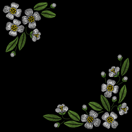 Embroidery corner floral pattern with jasmine on black background. Vector fashion ornamentのイラスト素材