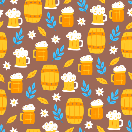 Oktoberfest seamless pattern with edelweiss, barrel, branch, leaves, beer glass on brown background. Perfect for wallpaper, gift paper, holiday greeting cardsのイラスト素材