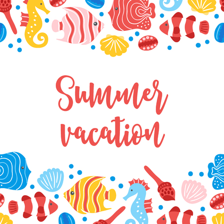 Summer greeting card with fish, shell, sea horse on white background. Floral border. Perfect for holiday invitationsのイラスト素材