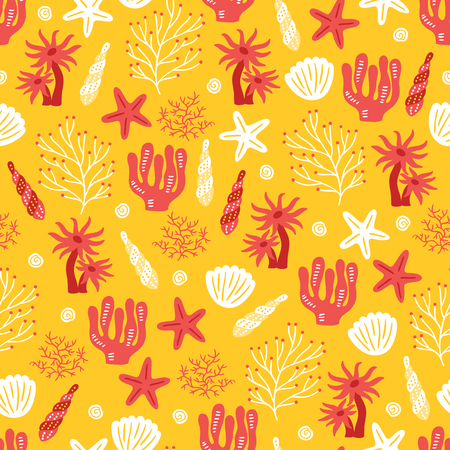 Seamless pattern with polyp, shell, seaweed and starfish on yellow backgroundのイラスト素材