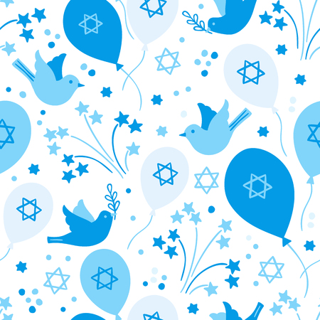 Israel Independence Day seamless pattern with balloons, doves, firework, confetti and Jewish star on white background. Perfect for wallpaper, wrapping paper, textile, greeting cardsのイラスト素材