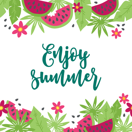 Summer greeting card with watermelon, palm leaves and flowers on white background. Floral borders. Perfect for holiday invitationsのイラスト素材