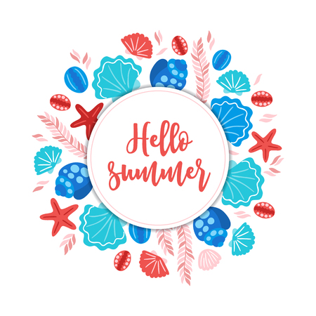 Summer greeting card with shells, starfish, seaweed and round label on white background. Perfect for holiday invitationsのイラスト素材