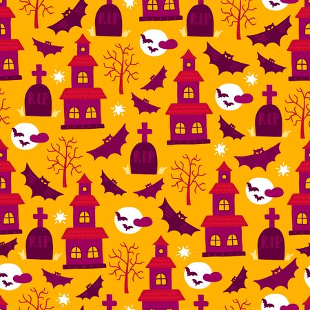 Halloween seamless pattern with castle, bat, moon, tree, tomb, star on yellow background. Perfect for wallpaper and greeting cardsのイラスト素材