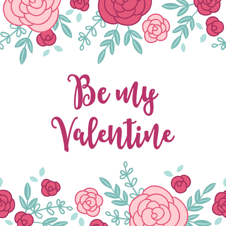 Valentine greeting card with seamless floral border - roses, leaves, branches. Perfect for holiday invitation.のイラスト素材