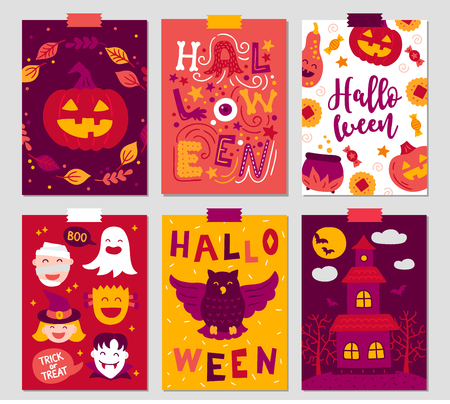 Halloween greeting cards with pumpkin, castle, mummy, owl, vampire, ghost, witch, candy. Perfect for holiday greetings, prints, placardsのイラスト素材