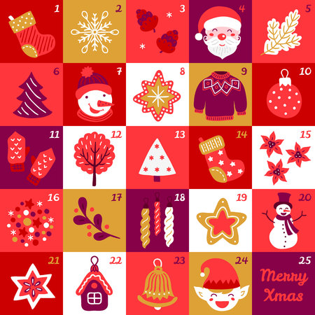 Christmas advent calendar with snowflakes, fir tree, star, sweater, elf, Santa, bell and mittens. Perfect for winter holidaysのイラスト素材
