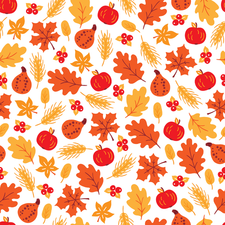 Thanksgiving Day seamless pattern with apple, wheat, cranberry, leaves, pumpkin, oak and maple leaves on white background. Perfect for wallpaper and greeting cardsのイラスト素材