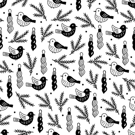 Christmas seamless pattern with birds and fir branches in black and white. Perfect for wallpaper and greeting cardsのイラスト素材