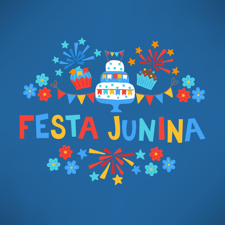 Festa Junina greeting card with cupcakes, cake, flower and firework on dark blue backgroundのイラスト素材