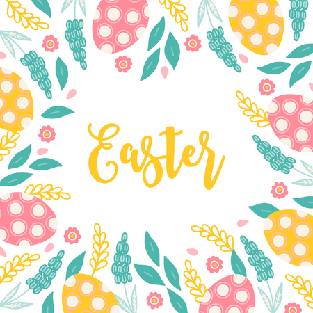 Easter greeting card with muscari, leaves, eggs, flowers and petals. Floral frame. Perfect for holiday invitationのイラスト素材