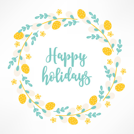 Easter wreath with flowers, eggs and pussy willow. Circle frame. Perfect for spring invitation and holiday greeting cards.のイラスト素材